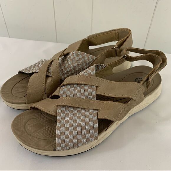 Earth Spirit Wide Woven Sport Band Walking Sandal Tan Metallic Silver Sz 10 - Picture 1 of 8